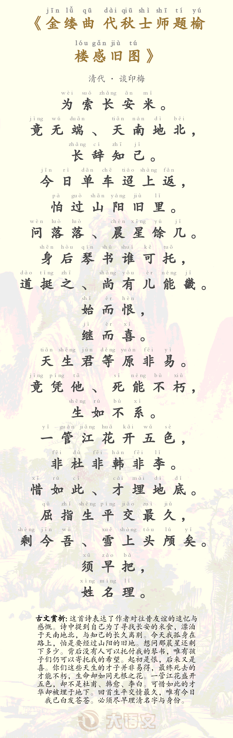 金缕曲 代秋士师题榆楼感旧图